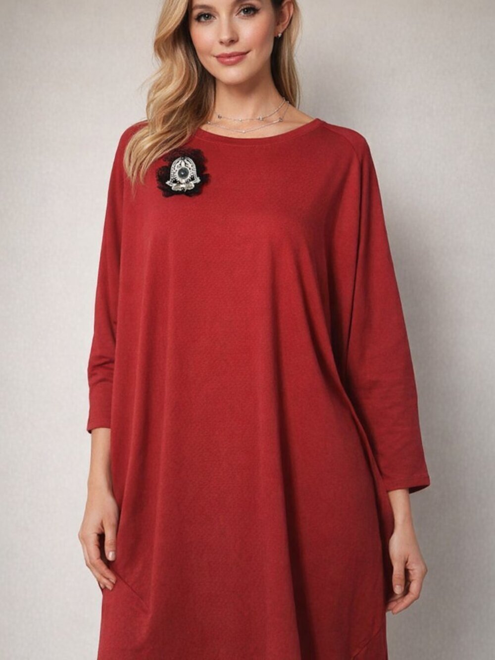 Beautiful Red Cotton Tunic/Dress with Batwing Sleeves (E8)